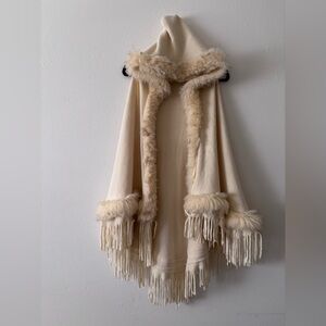 Northern Angel Women’s Faux Fur Cream Hooded Cape Vest with Fringe Hem Size L/XL